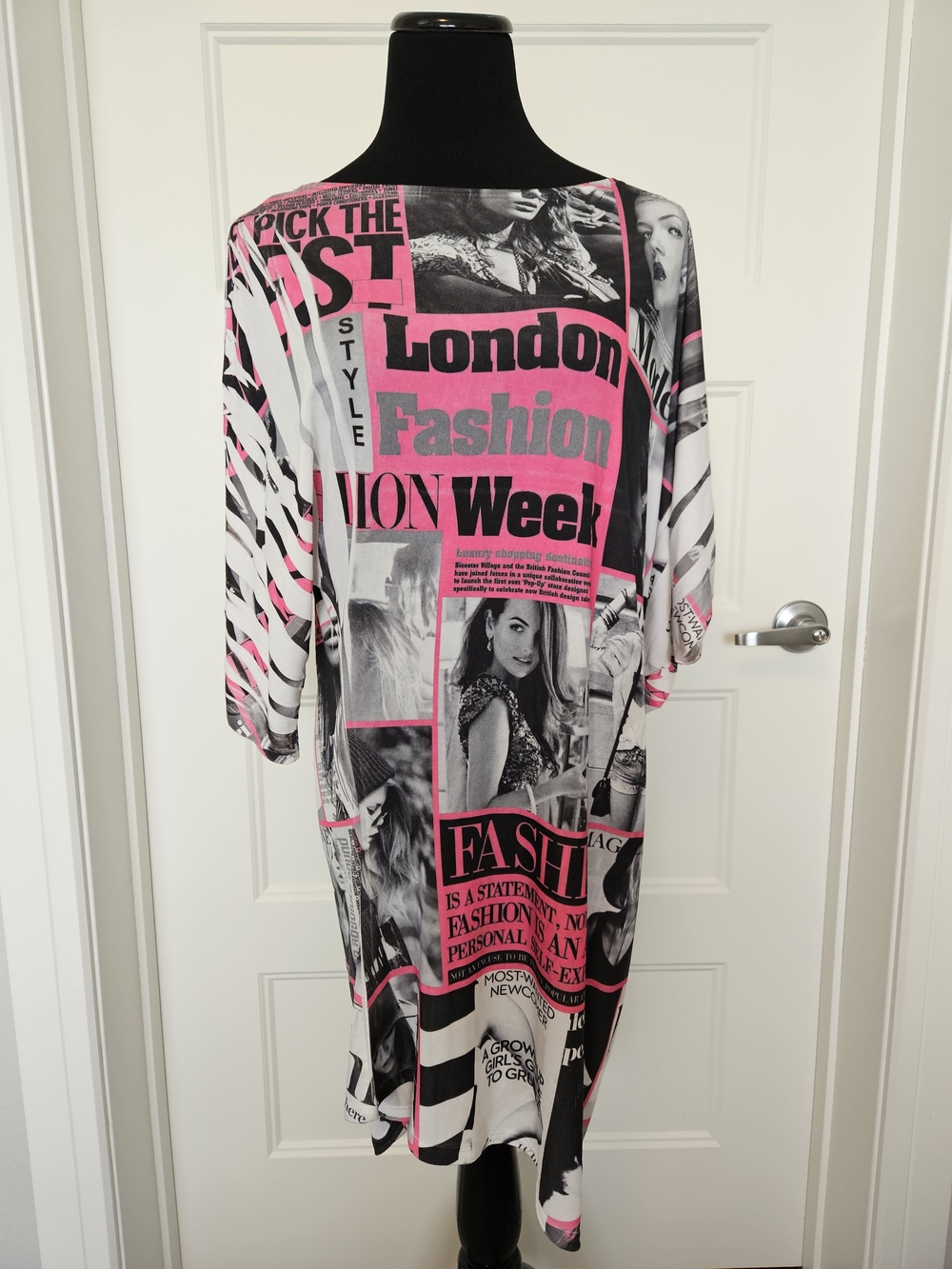 Newspaper Print Midi Dress in Pink and Black